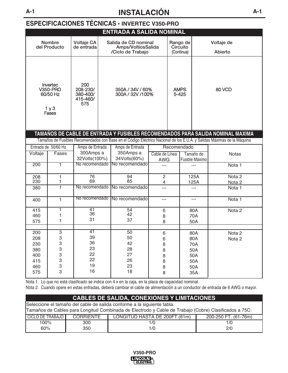 Instalación, Especificaciones técnicas | Lincoln Electric IM731 INVERTEC V350-PRO User Manual | Page 8 / 39