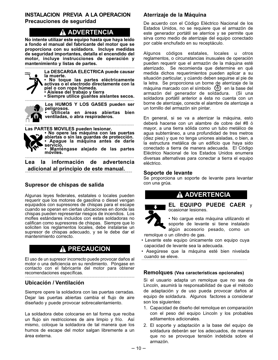 Advertencia precaucion, Advertencia | Lincoln Electric IM519 350-SA PERKINS User Manual | Page 11 / 39