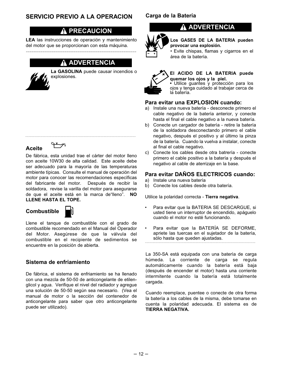 Advertencia precaucion, Advertencia, Servicio previo a la operacion | Lincoln Electric IM519 350-SA PERKINS User Manual | Page 13 / 39