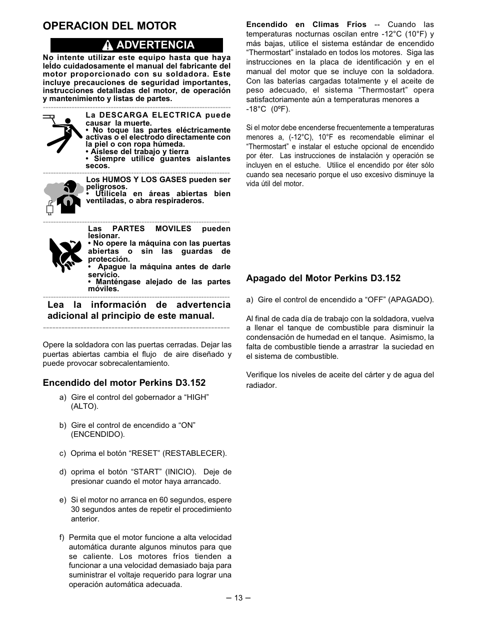 Operacion del motor, Advertencia | Lincoln Electric IM519 350-SA PERKINS User Manual | Page 14 / 39