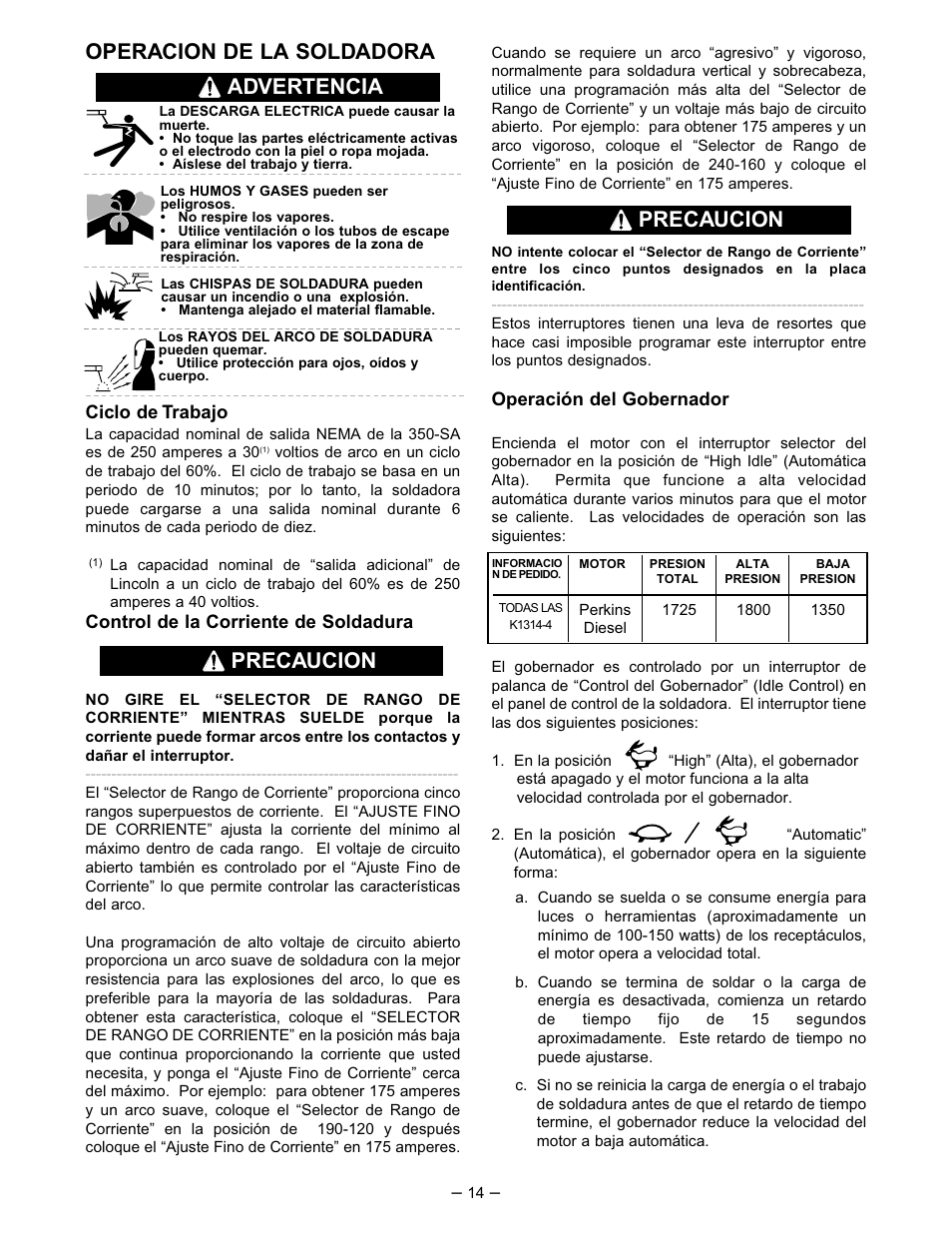 Operacion de la soldadora, Advertencia precaucion precaucion | Lincoln Electric IM519 350-SA PERKINS User Manual | Page 15 / 39