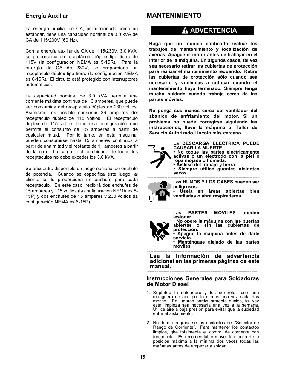 Mantenimiento, Advertencia | Lincoln Electric IM519 350-SA PERKINS User Manual | Page 16 / 39