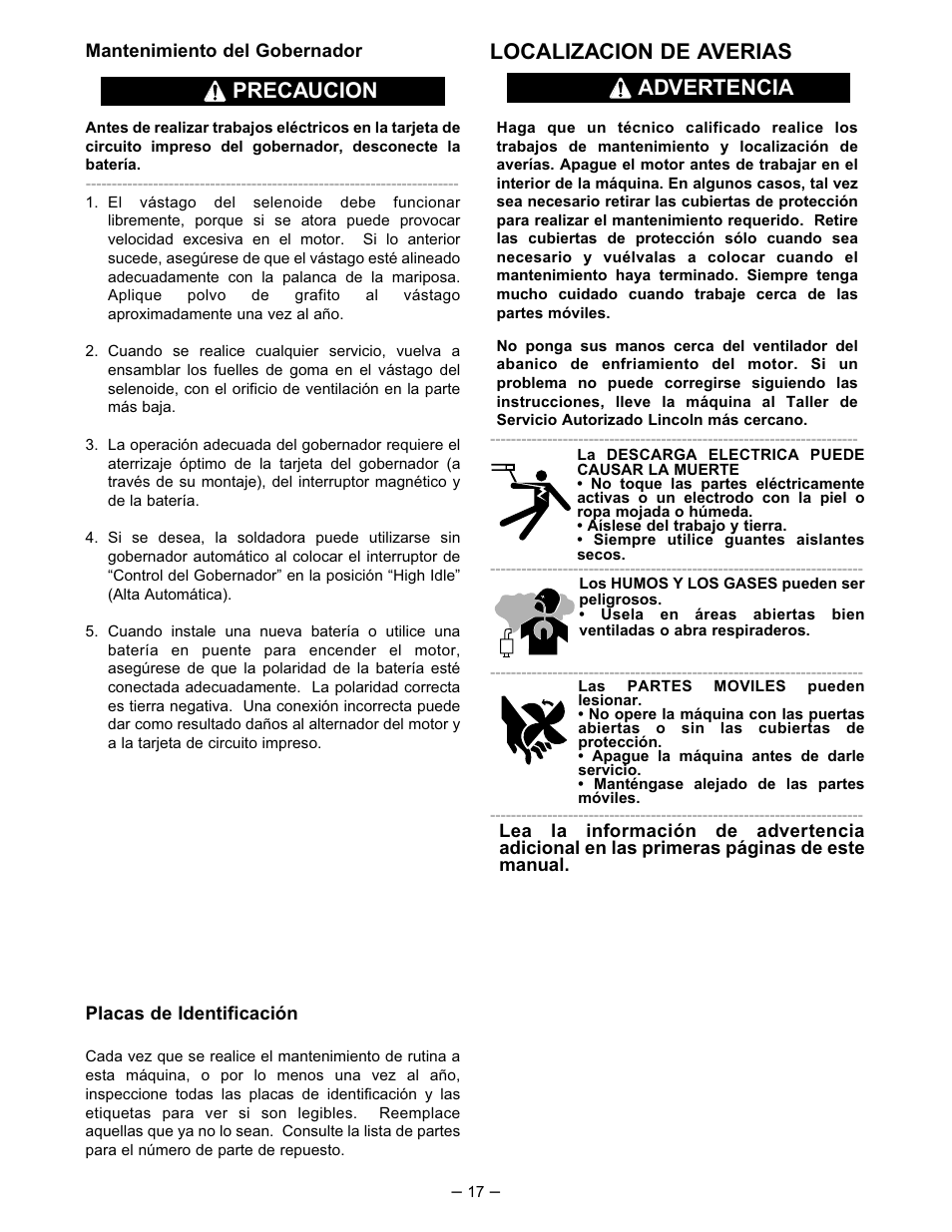 Localizacion de averias, Precaucion advertencia | Lincoln Electric IM519 350-SA PERKINS User Manual | Page 18 / 39