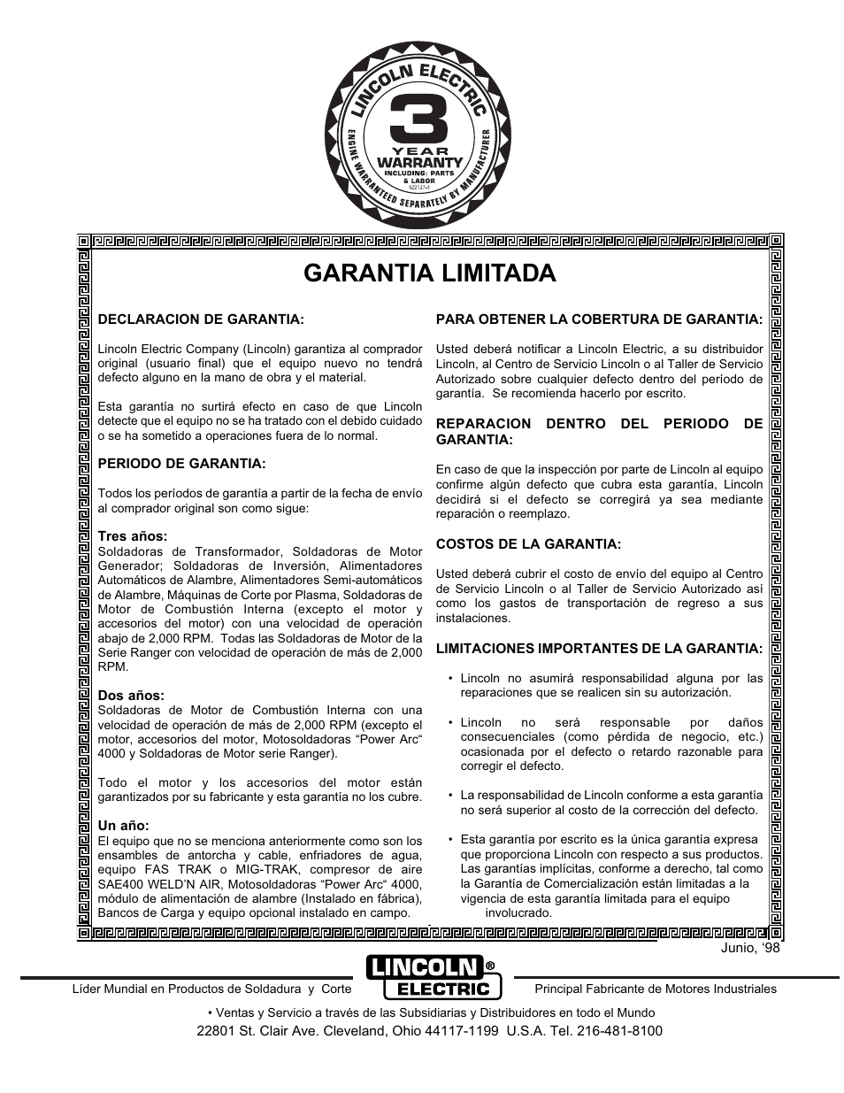 Garantia limitada | Lincoln Electric IM519 350-SA PERKINS User Manual | Page 39 / 39