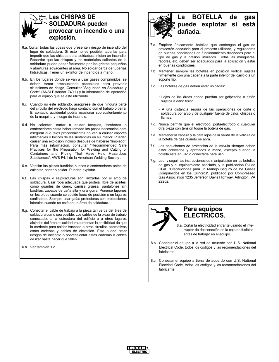 La botella de gas puede explotar si está dañada, Para equipos electricos | Lincoln Electric IM519 350-SA PERKINS User Manual | Page 4 / 39