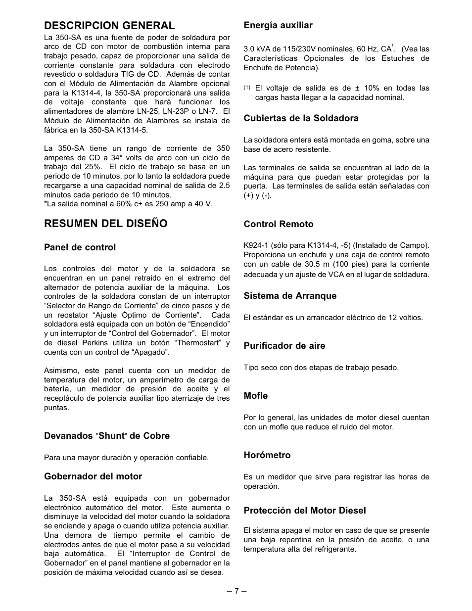 Descripcion general, Resumen del diseño | Lincoln Electric IM519 350-SA PERKINS User Manual | Page 8 / 39