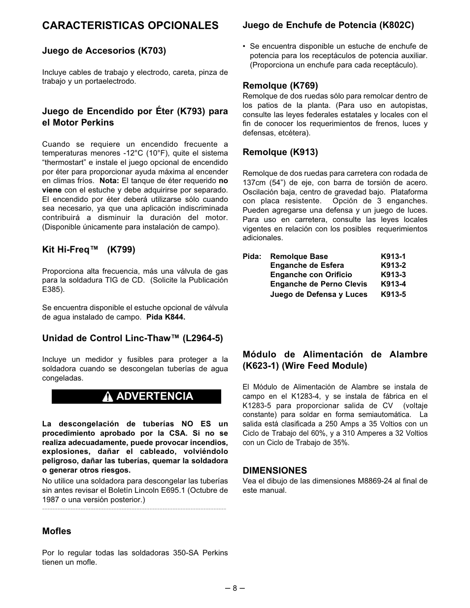 Caracteristicas opcionales, Advertencia | Lincoln Electric IM519 350-SA PERKINS User Manual | Page 9 / 39