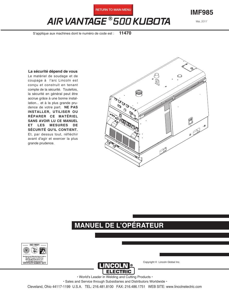 Lincoln Electric IM985 AIR VANTAGE 500 KUBOTA User Manual | 58 pages