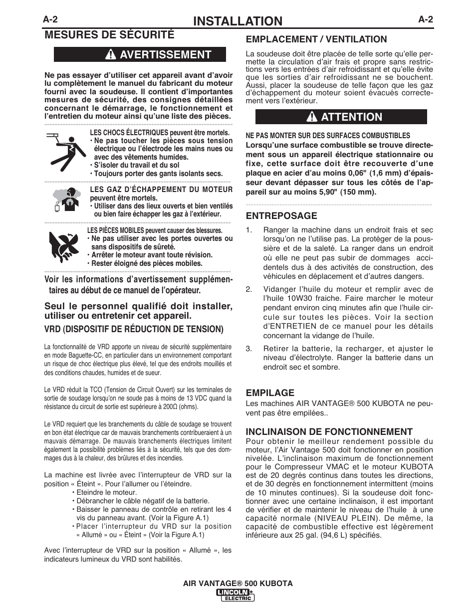 Installation, Mesures de sécurité, Avertissement | Attention | Lincoln Electric IM985 AIR VANTAGE 500 KUBOTA User Manual | Page 10 / 58