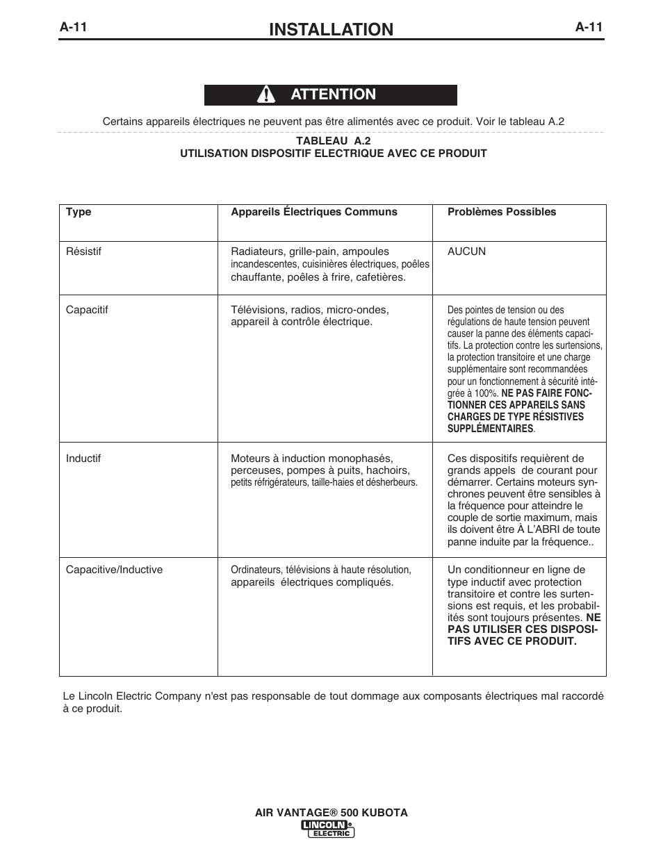 Installation, Attention | Lincoln Electric IM985 AIR VANTAGE 500 KUBOTA User Manual | Page 19 / 58