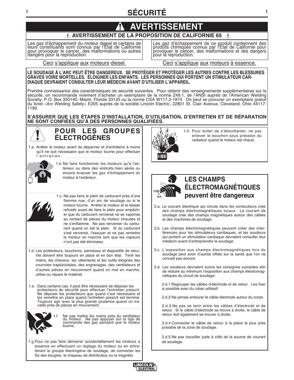 Avertissement, Sécurité, Pour les groupes électrogènes | Lincoln Electric IM985 AIR VANTAGE 500 KUBOTA User Manual | Page 2 / 58