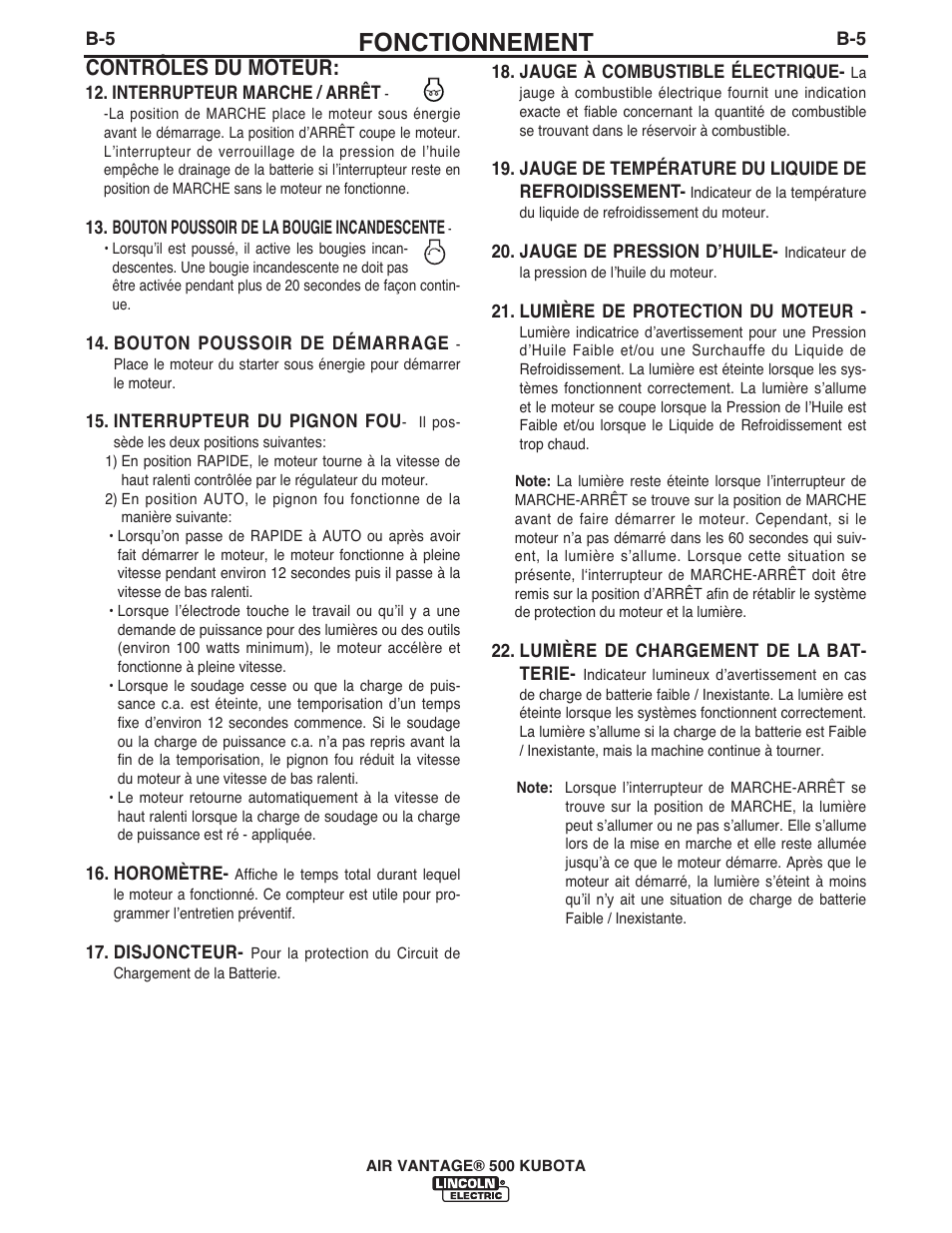 Fonctionnement, Contrôles du moteur | Lincoln Electric IM985 AIR VANTAGE 500 KUBOTA User Manual | Page 24 / 58