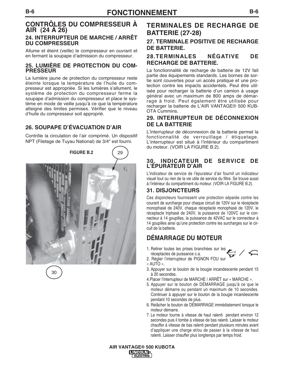 Fonctionnement, Contrôles du compresseur à air (24 à 26), Terminales de recharge de batterie (27-28) | Démarrage du moteur | Lincoln Electric IM985 AIR VANTAGE 500 KUBOTA User Manual | Page 25 / 58