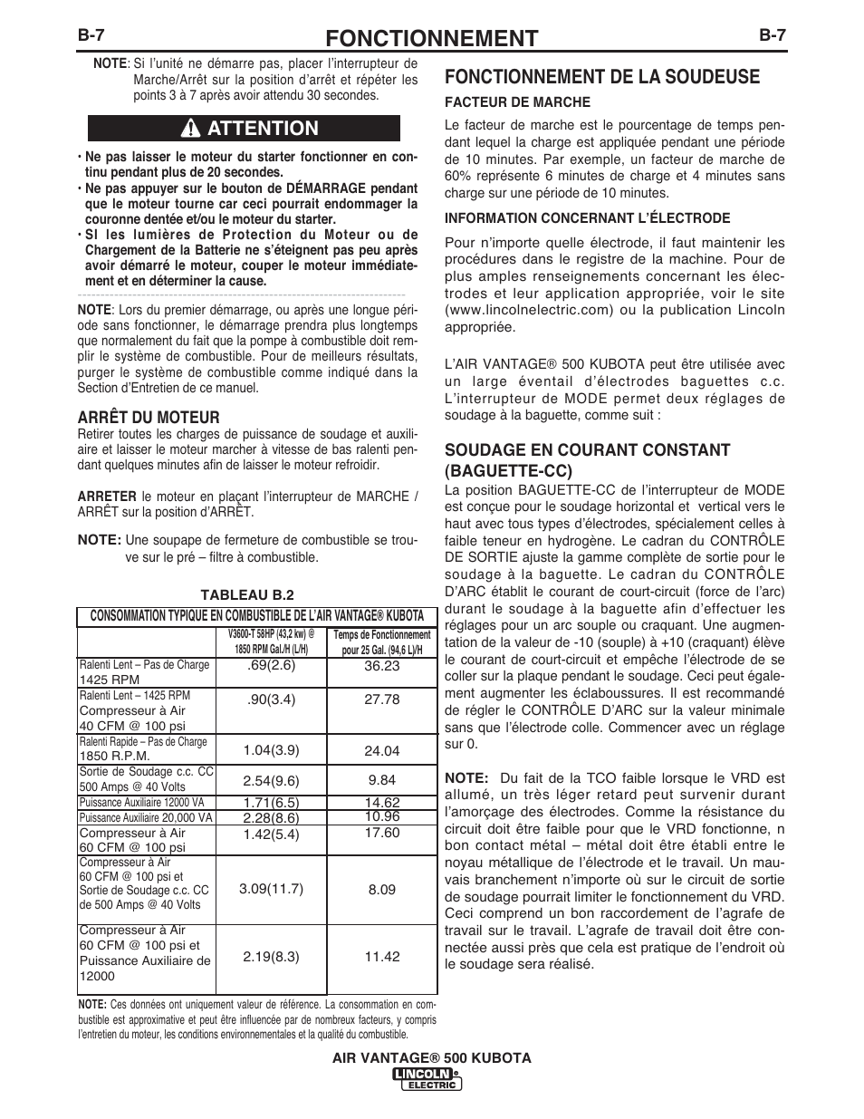 Fonctionnement, Fonctionnement de la soudeuse, Attention | Lincoln Electric IM985 AIR VANTAGE 500 KUBOTA User Manual | Page 26 / 58