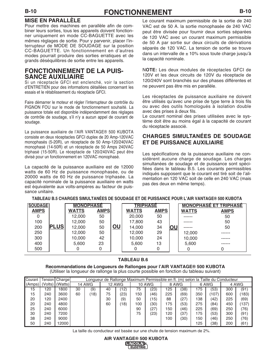 Fonctionnement, Fonctionnement de la puis- sance auxiliaire | Lincoln Electric IM985 AIR VANTAGE 500 KUBOTA User Manual | Page 29 / 58