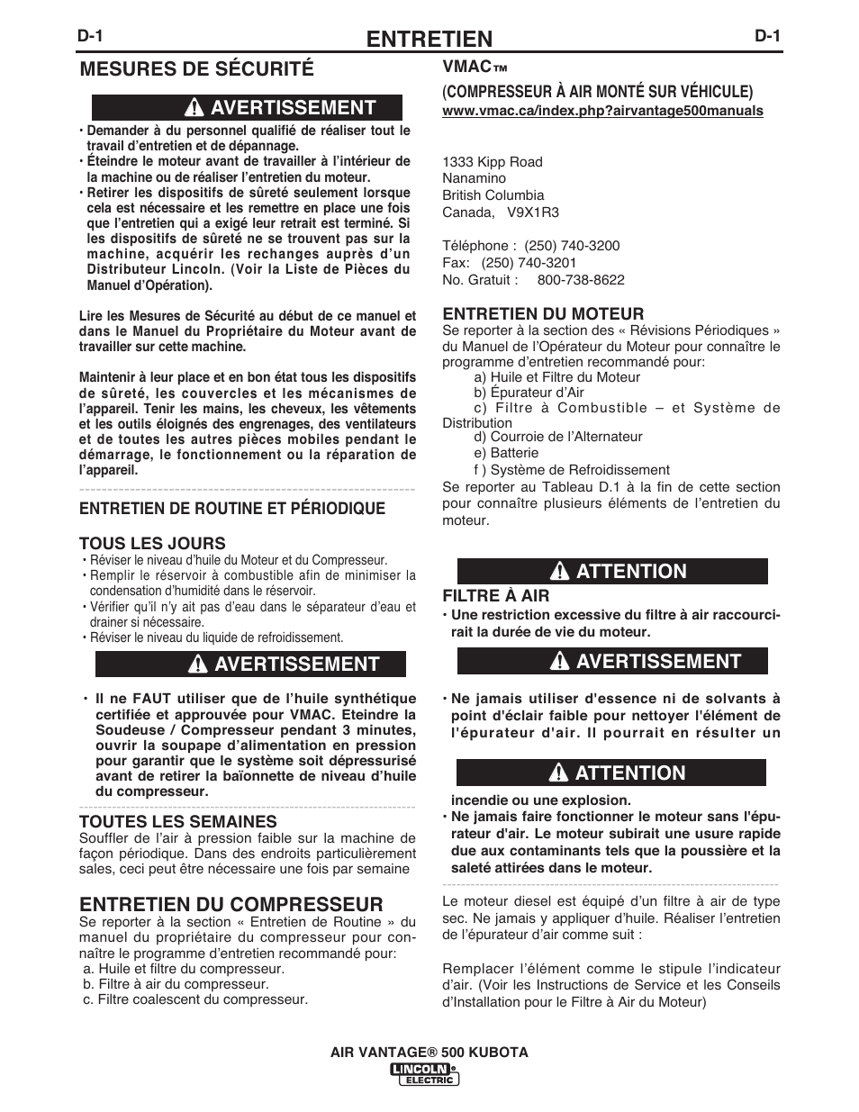 Entretien, Mesures de sécurité, Entretien du compresseur | Avertissement, Avertissement attention attention avertissement | Lincoln Electric IM985 AIR VANTAGE 500 KUBOTA User Manual | Page 31 / 58