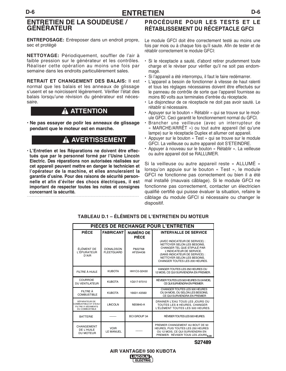 Entretien, Entretien de la soudeuse / générateur, Avertissement | Attention, Air vantage® 500 kubota, Pièces de rechange pour l’entretien, Tableau d.1 – éléments de lʼentretien du moteur | Lincoln Electric IM985 AIR VANTAGE 500 KUBOTA User Manual | Page 36 / 58