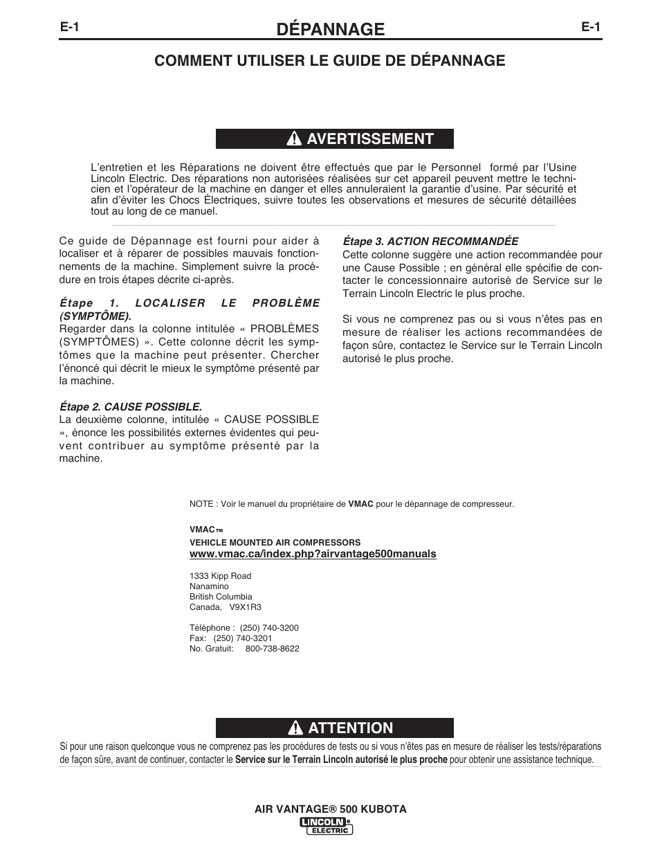 Dépannage, Attention, Comment utiliser le guide de dépannage | Avertissement | Lincoln Electric IM985 AIR VANTAGE 500 KUBOTA User Manual | Page 37 / 58