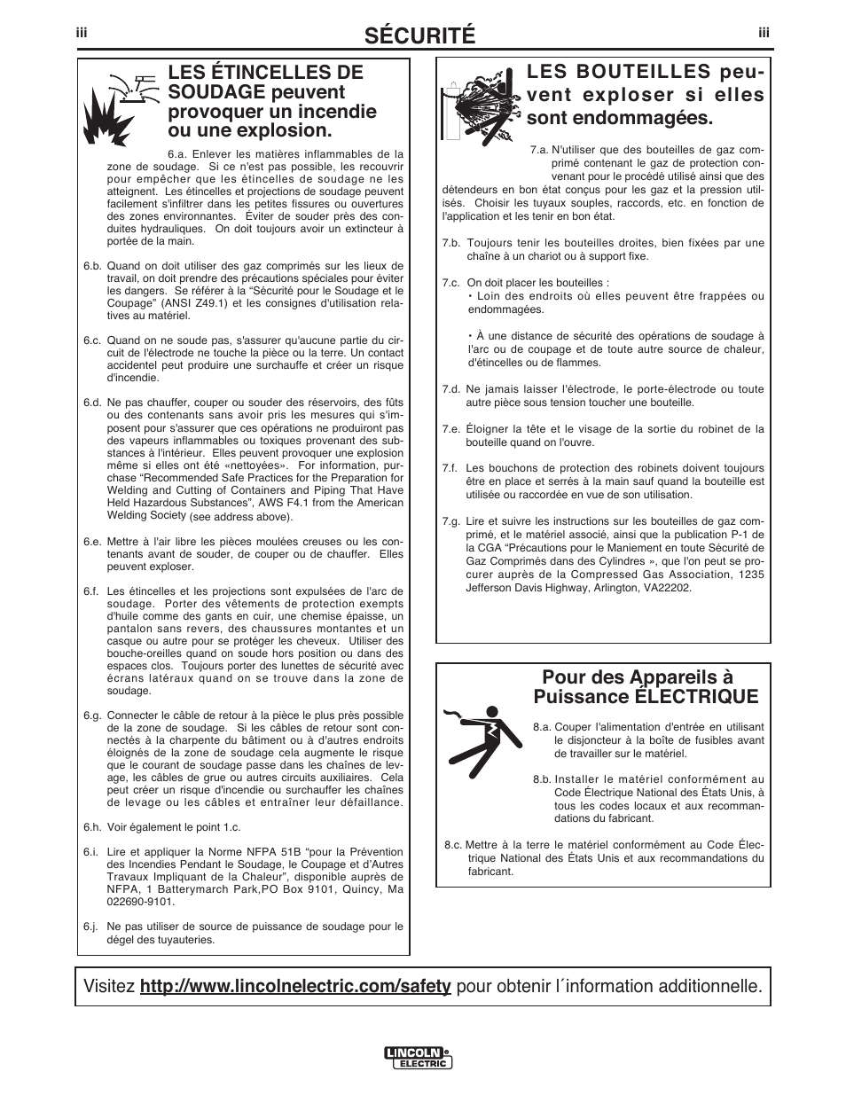 Sécurité, Pour des appareils à puissance électrique | Lincoln Electric IM985 AIR VANTAGE 500 KUBOTA User Manual | Page 4 / 58