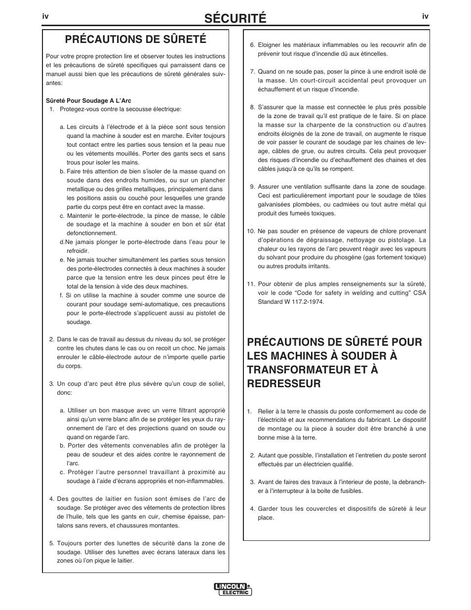 Sécurité, Précautions de sûreté | Lincoln Electric IM985 AIR VANTAGE 500 KUBOTA User Manual | Page 5 / 58