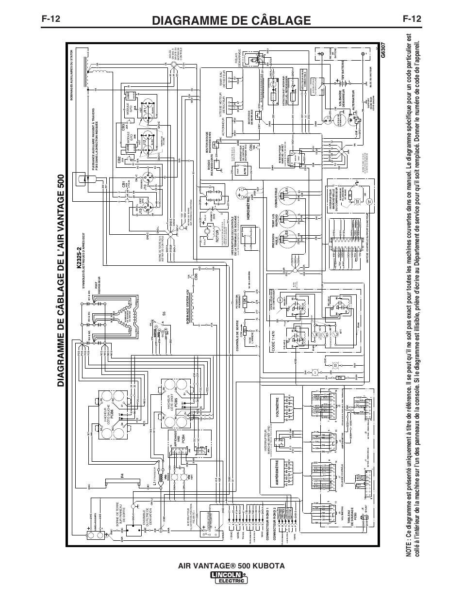 Diagramme de câblage, F-12, Diagramme de câblage de l’air v ant age 500 | Air vantage® 500 kubota | Lincoln Electric IM985 AIR VANTAGE 500 KUBOTA User Manual | Page 54 / 58