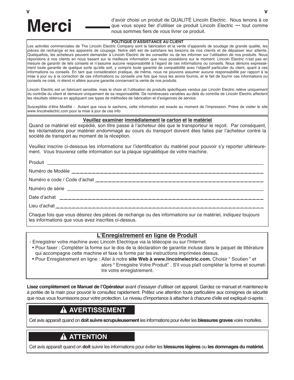 Merci, Avertissement, Attention | Lincoln Electric IM985 AIR VANTAGE 500 KUBOTA User Manual | Page 6 / 58