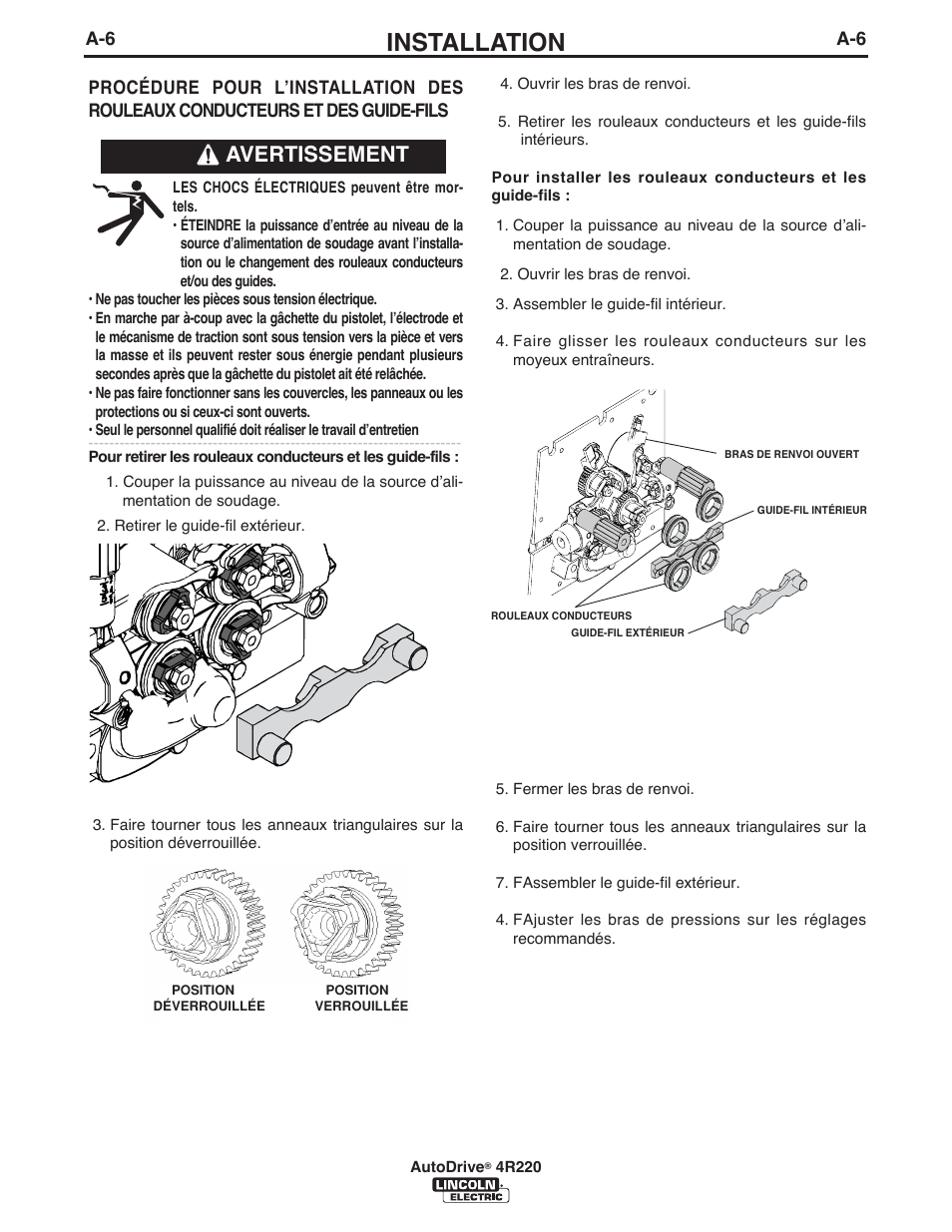 Installation, Avertissement | Lincoln Electric IM945 AutoDrive 4R220 User Manual | Page 13 / 30