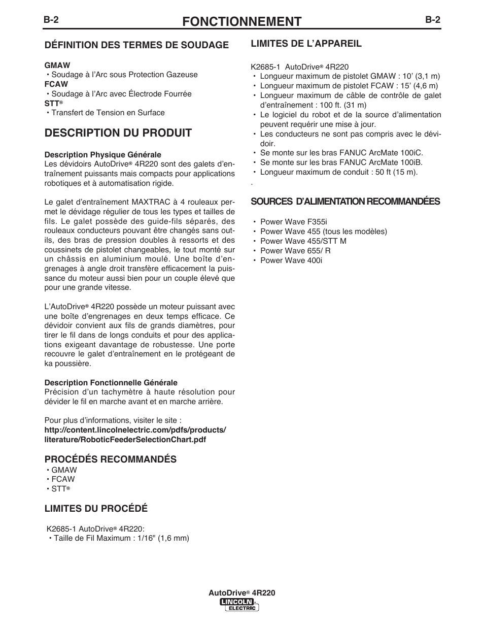 Fonctionnement, Description du produit | Lincoln Electric IM945 AutoDrive 4R220 User Manual | Page 17 / 30