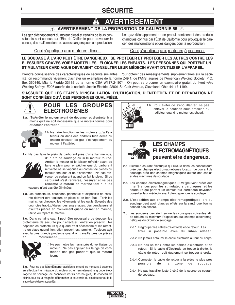 Avertissement, Sécurité, Pour les groupes électrogènes | Avertissement de la proposition de californie 65 | Lincoln Electric IM945 AutoDrive 4R220 User Manual | Page 2 / 30