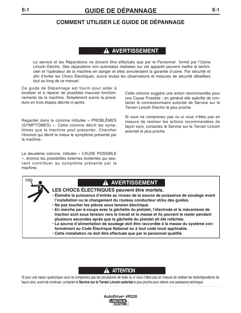 Guide de dépannage, Attention, Comment utiliser le guide de dépannage | Avertissement | Lincoln Electric IM945 AutoDrive 4R220 User Manual | Page 22 / 30