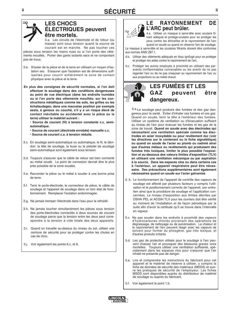 Sécurité, Le rayonnement de l'arc peut brûler, Les chocs électriques peuvent être mortels | Les fumées et les gaz peuvent être dangereux | Lincoln Electric IM945 AutoDrive 4R220 User Manual | Page 3 / 30