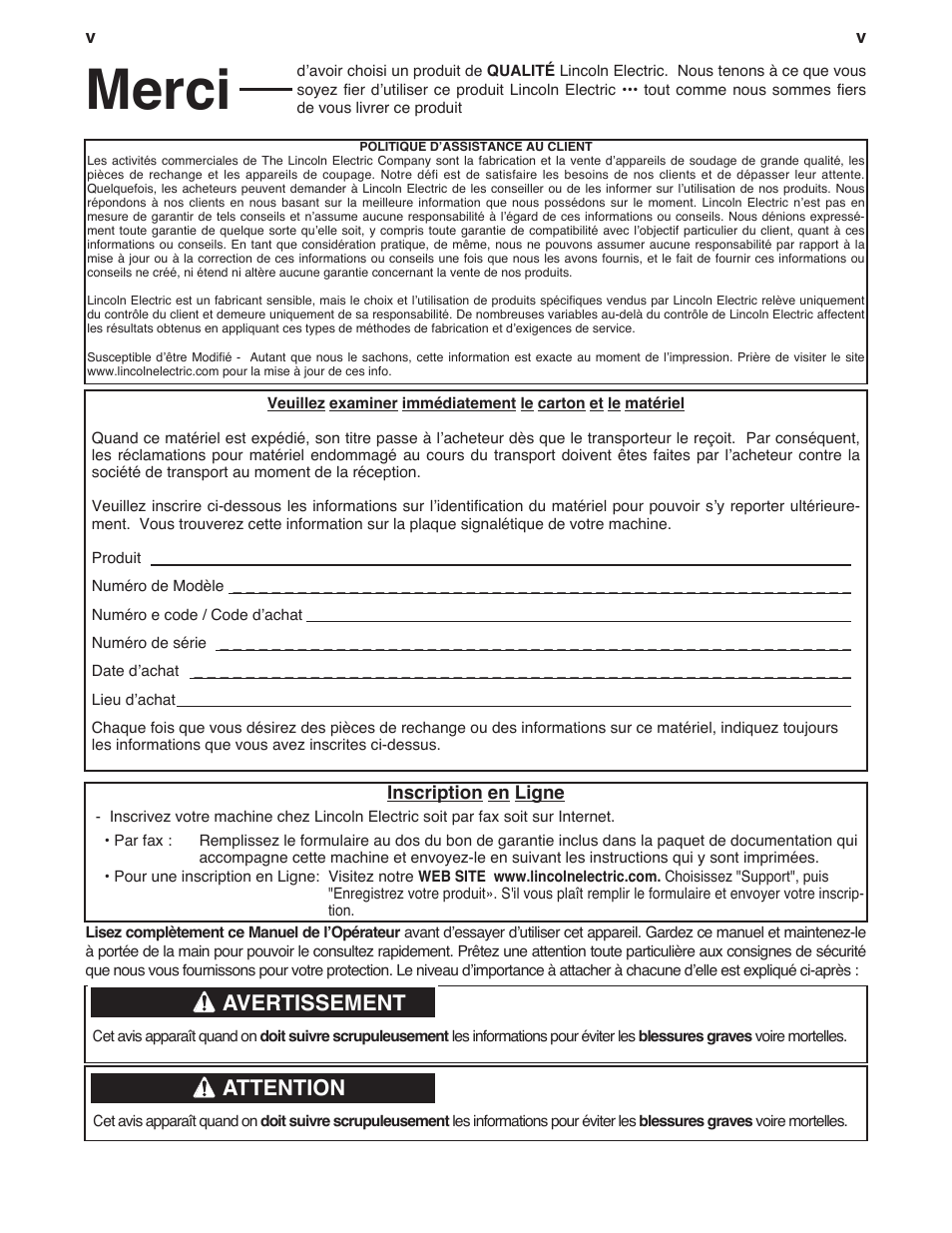 Merci, Avertissement, Attention | Lincoln Electric IM945 AutoDrive 4R220 User Manual | Page 6 / 30