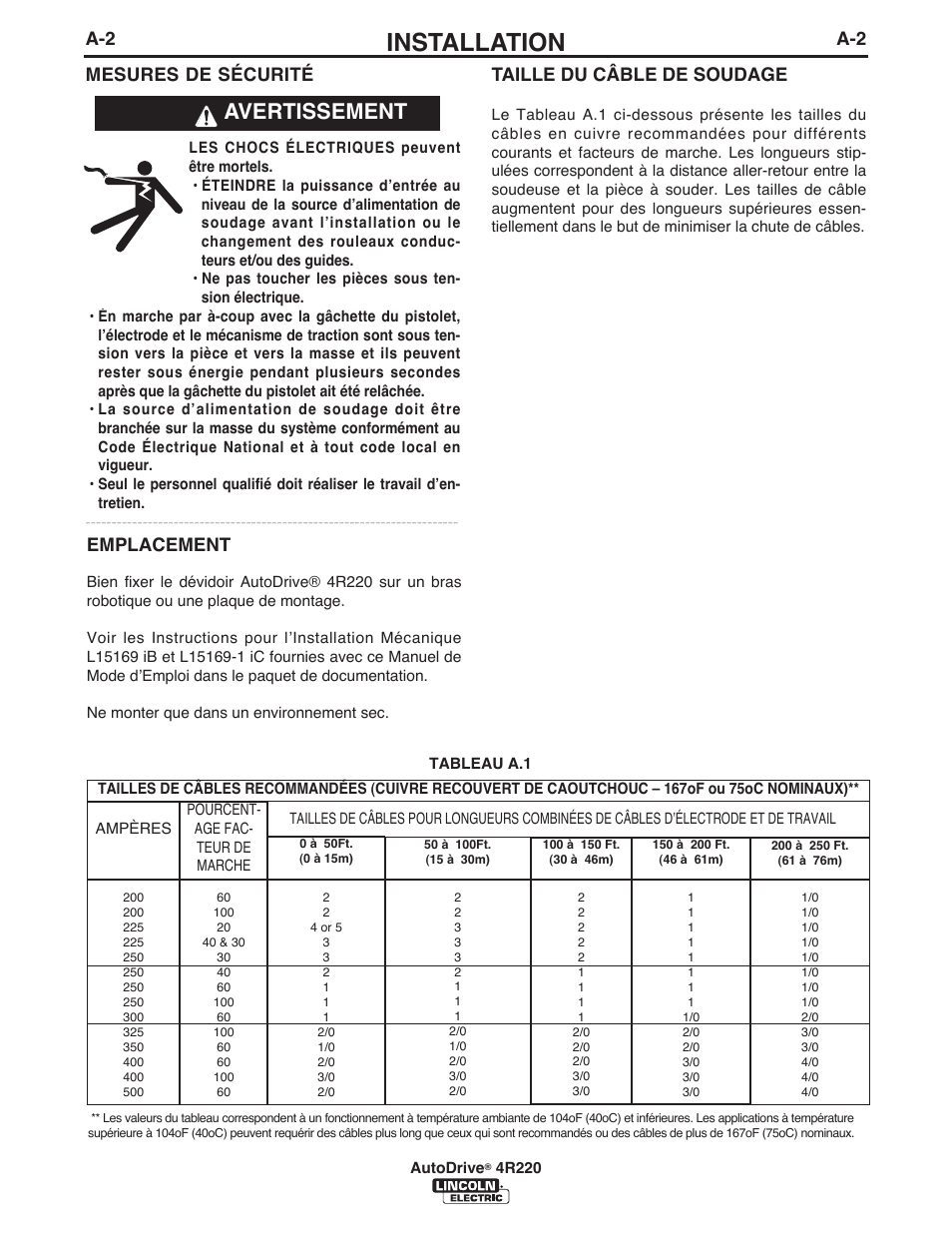 Installation, Avertissement, Emplacement | A-2 mesures de sécurité, Taille du câble de soudage | Lincoln Electric IM945 AutoDrive 4R220 User Manual | Page 9 / 30