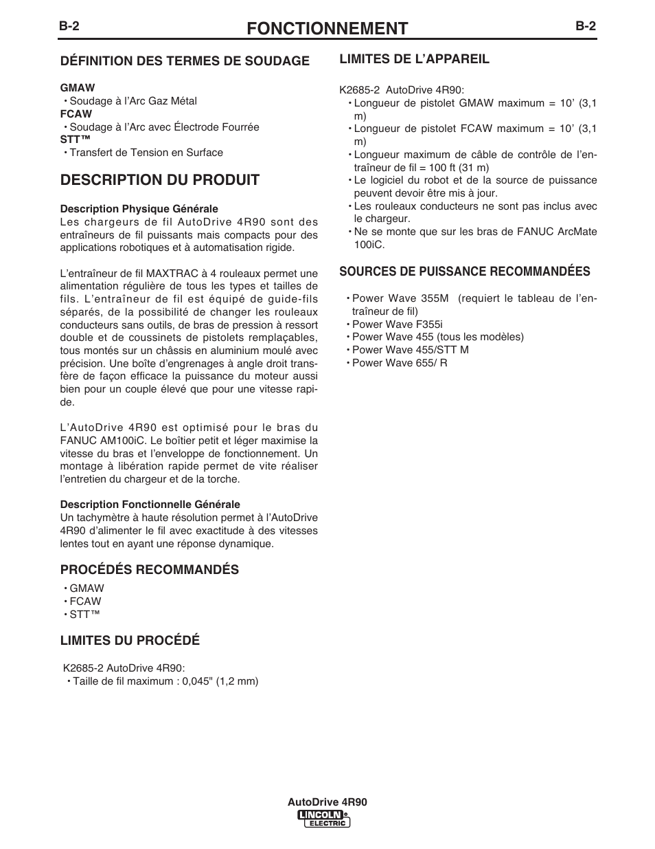 Fonctionnement, Description du produit | Lincoln Electric IM952 AutoDrive 4R90 User Manual | Page 18 / 31