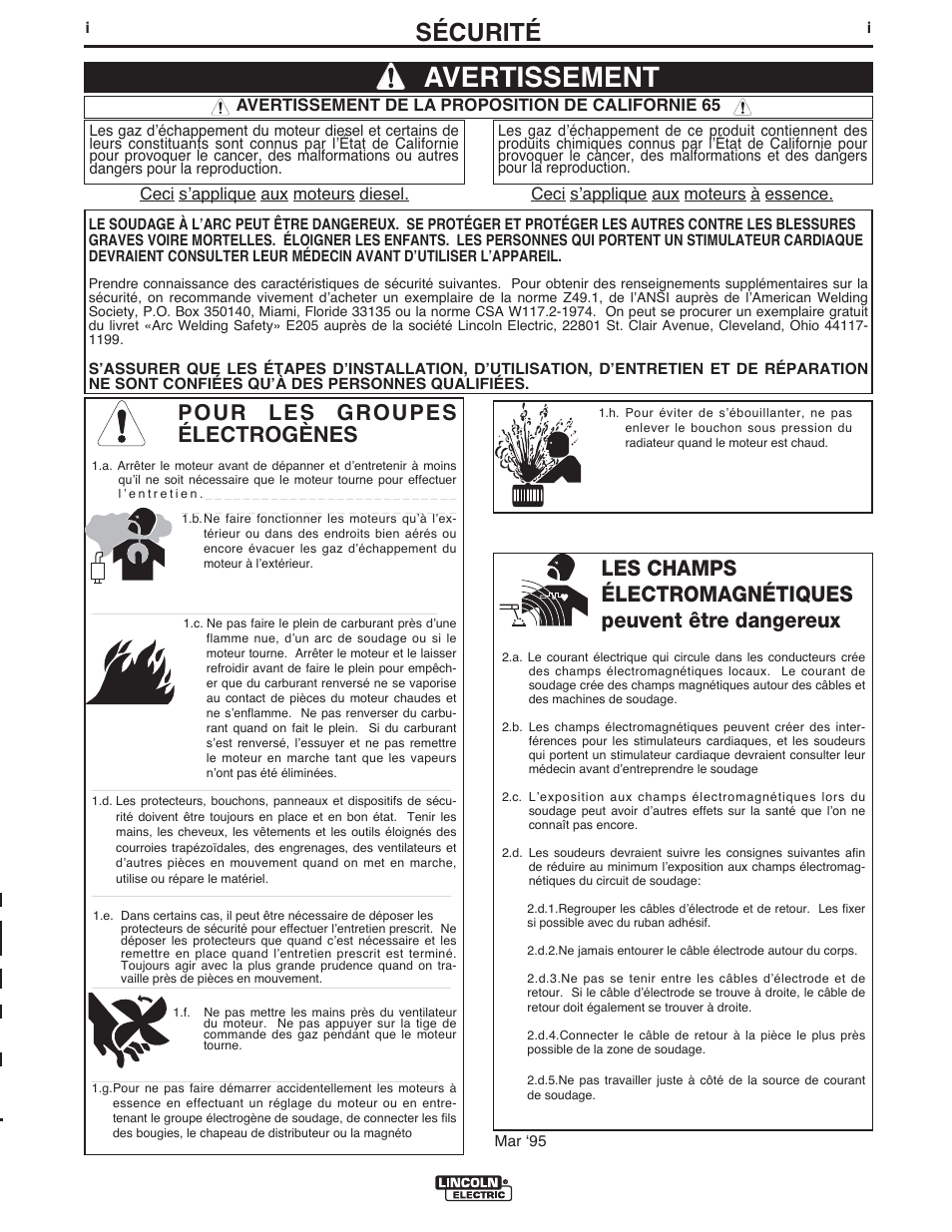 Avertissement, Sécurité, Pour les groupes électrogènes | Lincoln Electric IM952 AutoDrive 4R90 User Manual | Page 2 / 31