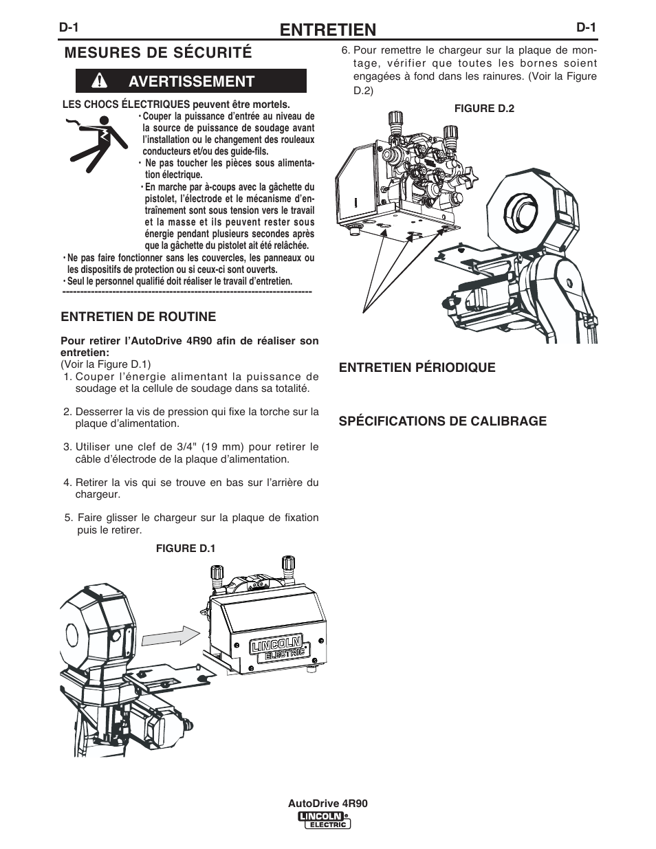 Entretien, Avertissement mesures de sécurité | Lincoln Electric IM952 AutoDrive 4R90 User Manual | Page 22 / 31