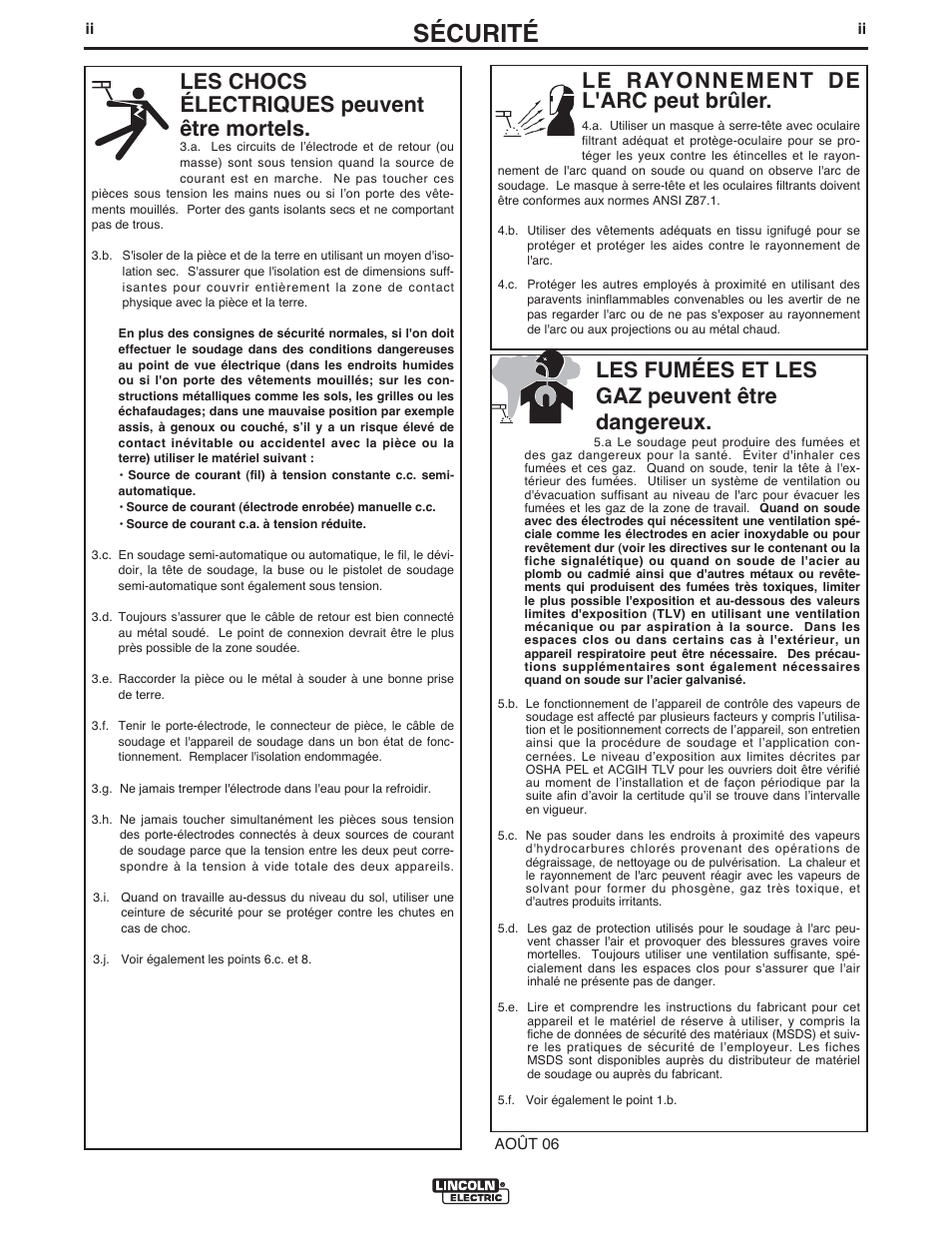 Sécurité, Le rayonnement de l'arc peut brûler, Les chocs électriques peuvent être mortels | Les fumées et les gaz peuvent être dangereux | Lincoln Electric IM952 AutoDrive 4R90 User Manual | Page 3 / 31