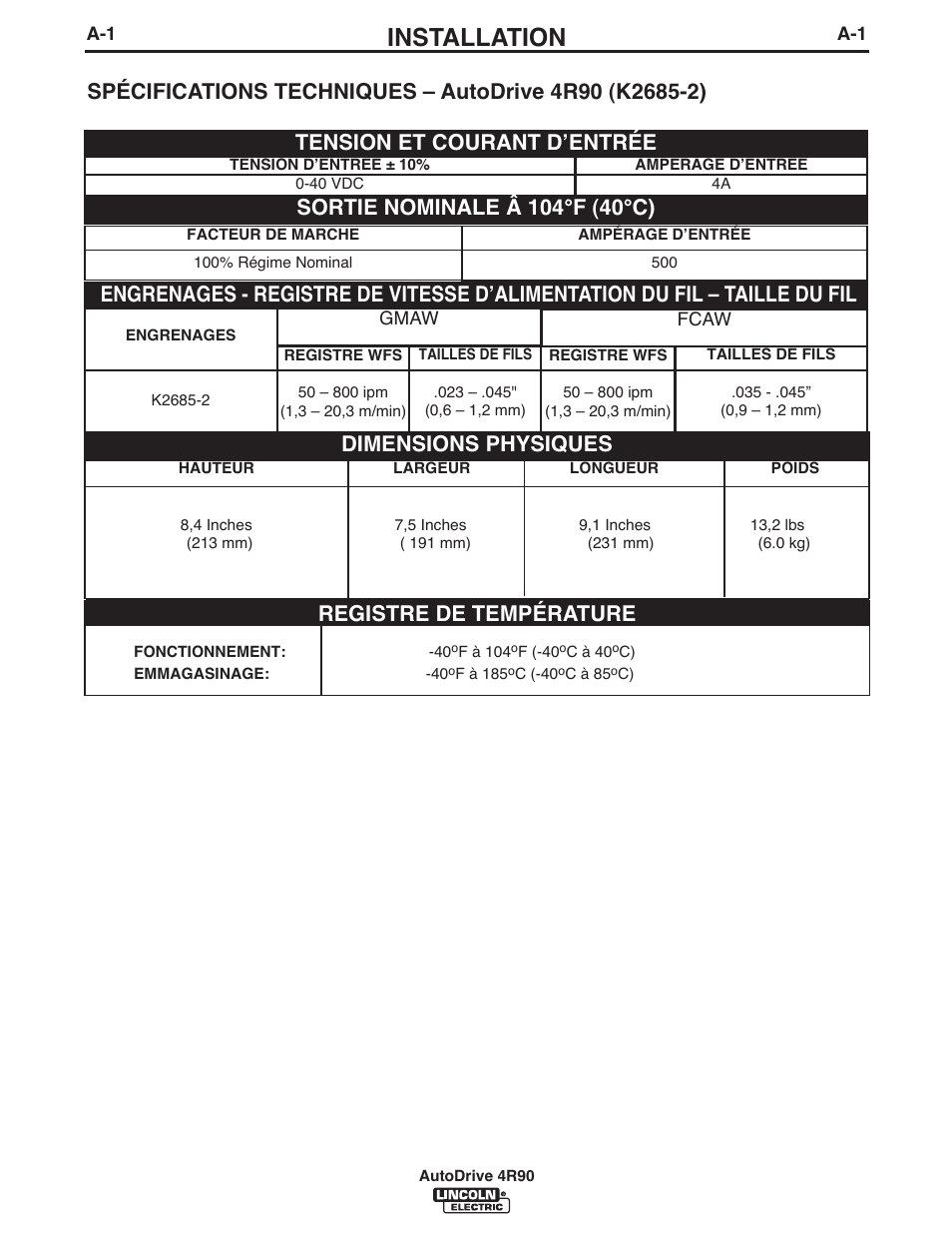 Installation, Registre de température, Dimensions physiques | Lincoln Electric IM952 AutoDrive 4R90 User Manual | Page 8 / 31
