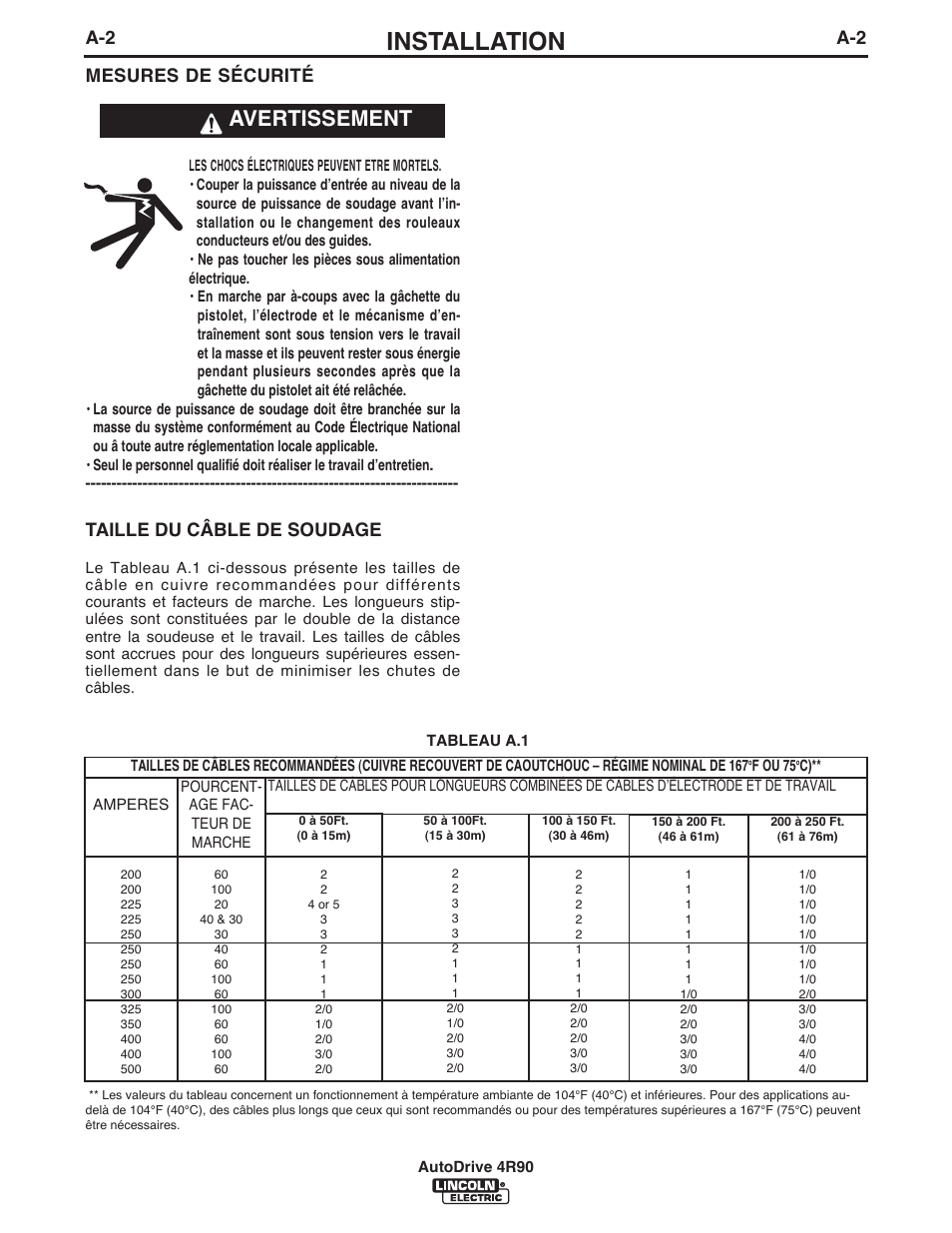 Installation, Avertissement, Taille du câble de soudage | A-2 mesures de sécurité | Lincoln Electric IM952 AutoDrive 4R90 User Manual | Page 9 / 31