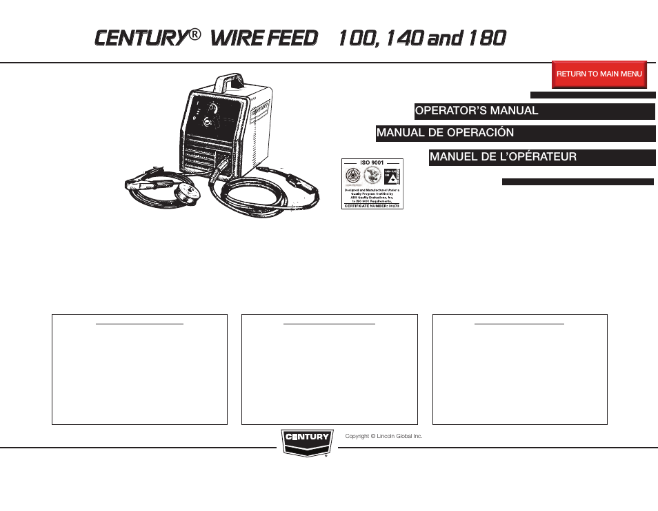 Lincoln Electric IMT964 CENTURY WIRE FEED 180 User Manual | 56 pages