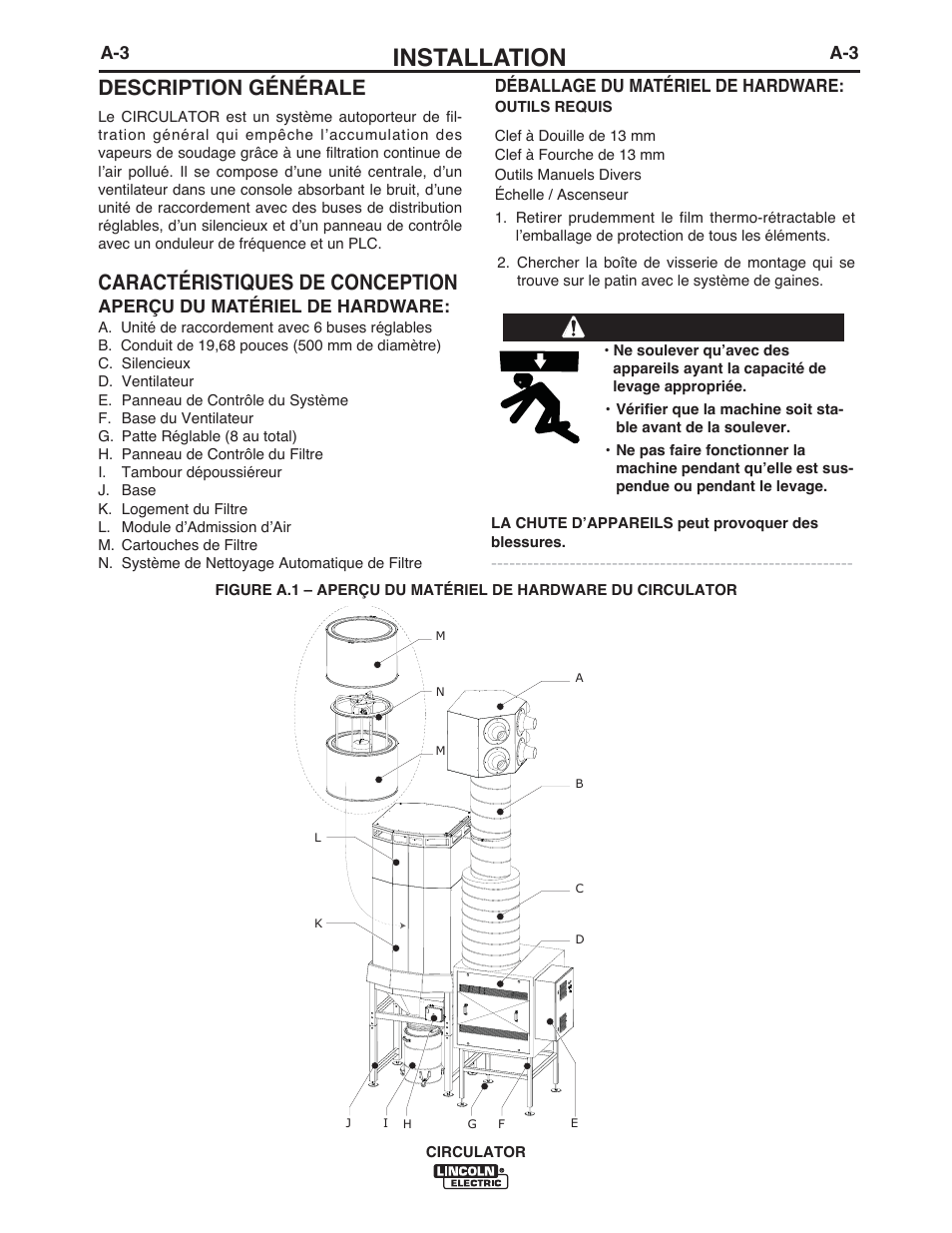 Installation, Description générale, Caractéristiques de conception | Avertissement | Lincoln Electric IM10109 CIRCULATOR User Manual | Page 11 / 36