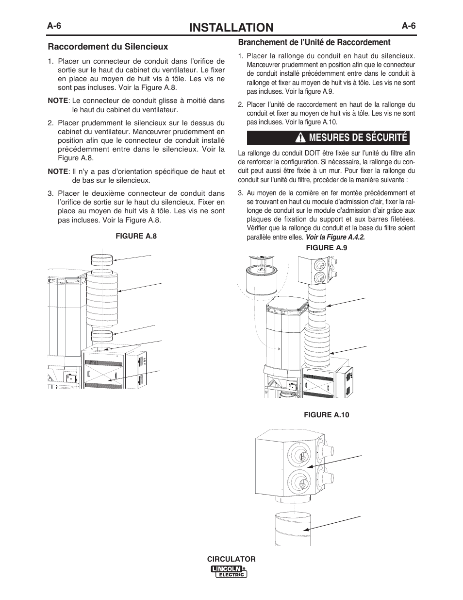 Installation, Mesures de sécurité, A-6 branchement de lʼunité de raccordement | Raccordement du silencieux | Lincoln Electric IM10109 CIRCULATOR User Manual | Page 14 / 36