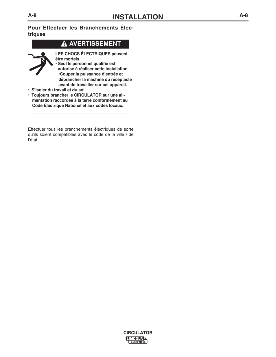 Installation, Avertissement | Lincoln Electric IM10109 CIRCULATOR User Manual | Page 16 / 36