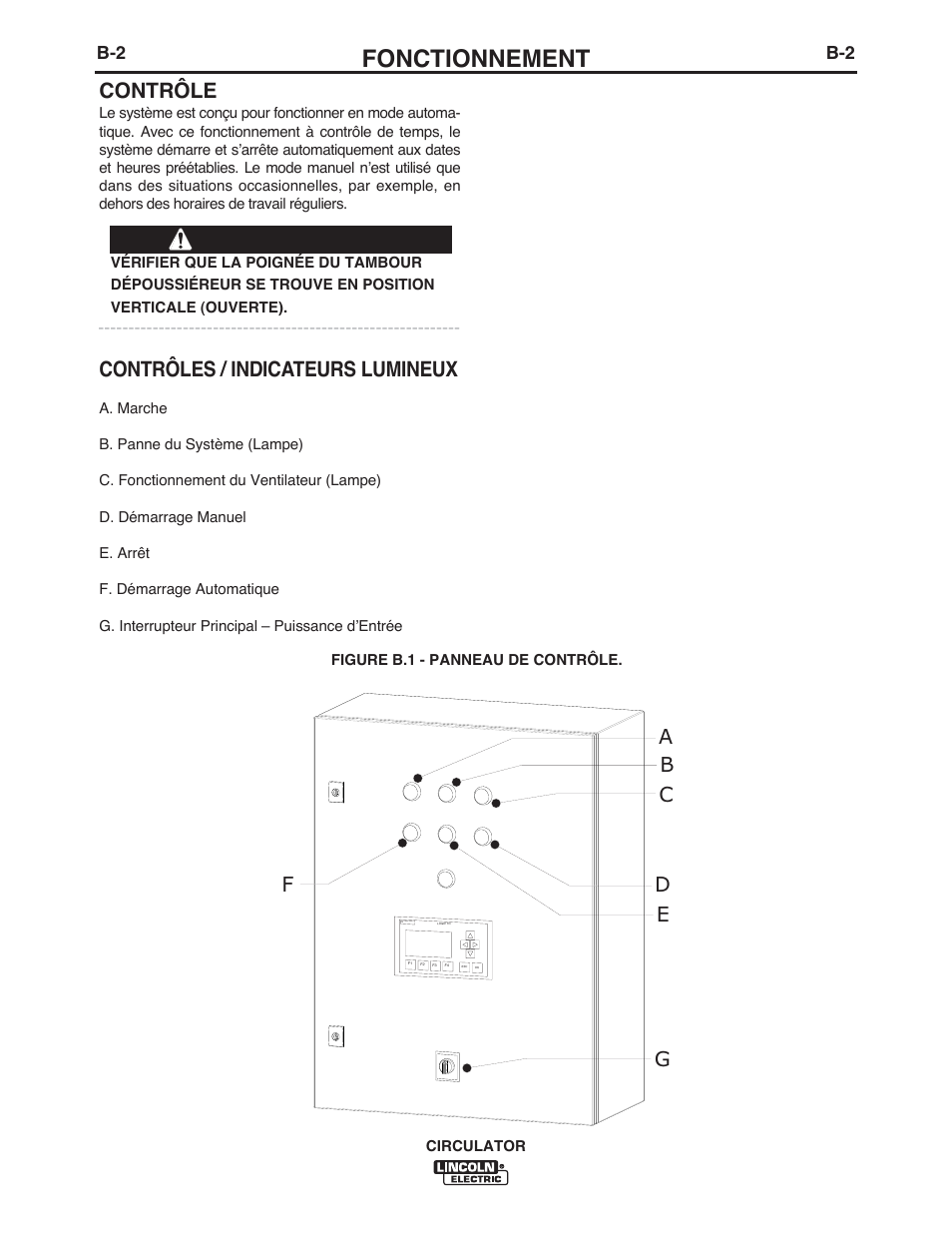 Fonctionnement, Contrôle, Contrôles / indicateurs lumineux | Avertissement | Lincoln Electric IM10109 CIRCULATOR User Manual | Page 18 / 36