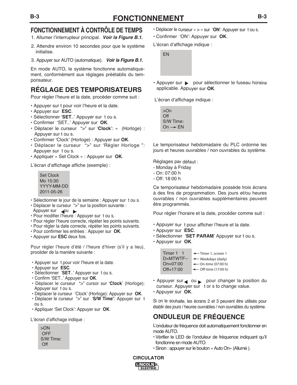 Fonctionnement, Onduleur de fréquence, Fonctionnement à contrôle de temps | Réglage des temporisateurs | Lincoln Electric IM10109 CIRCULATOR User Manual | Page 19 / 36