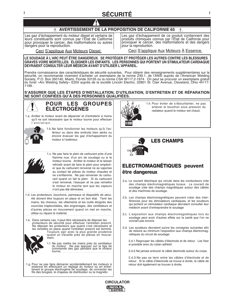 Sécurité, Pour les groupes électrogènes | Lincoln Electric IM10109 CIRCULATOR User Manual | Page 2 / 36