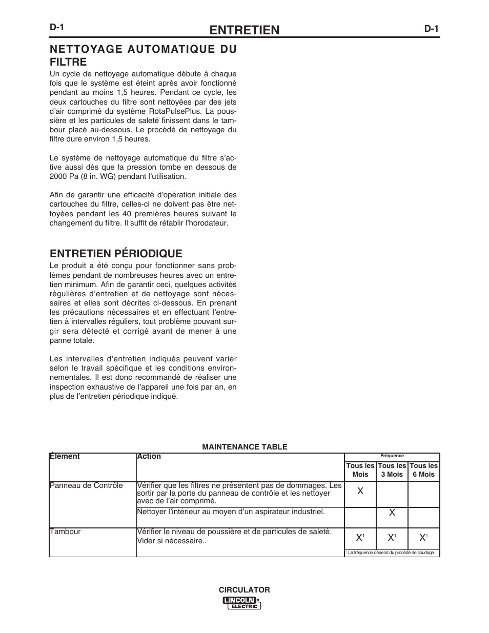 Entretien, Nettoyage automatique du filtre, Entretien périodique | Lincoln Electric IM10109 CIRCULATOR User Manual | Page 24 / 36