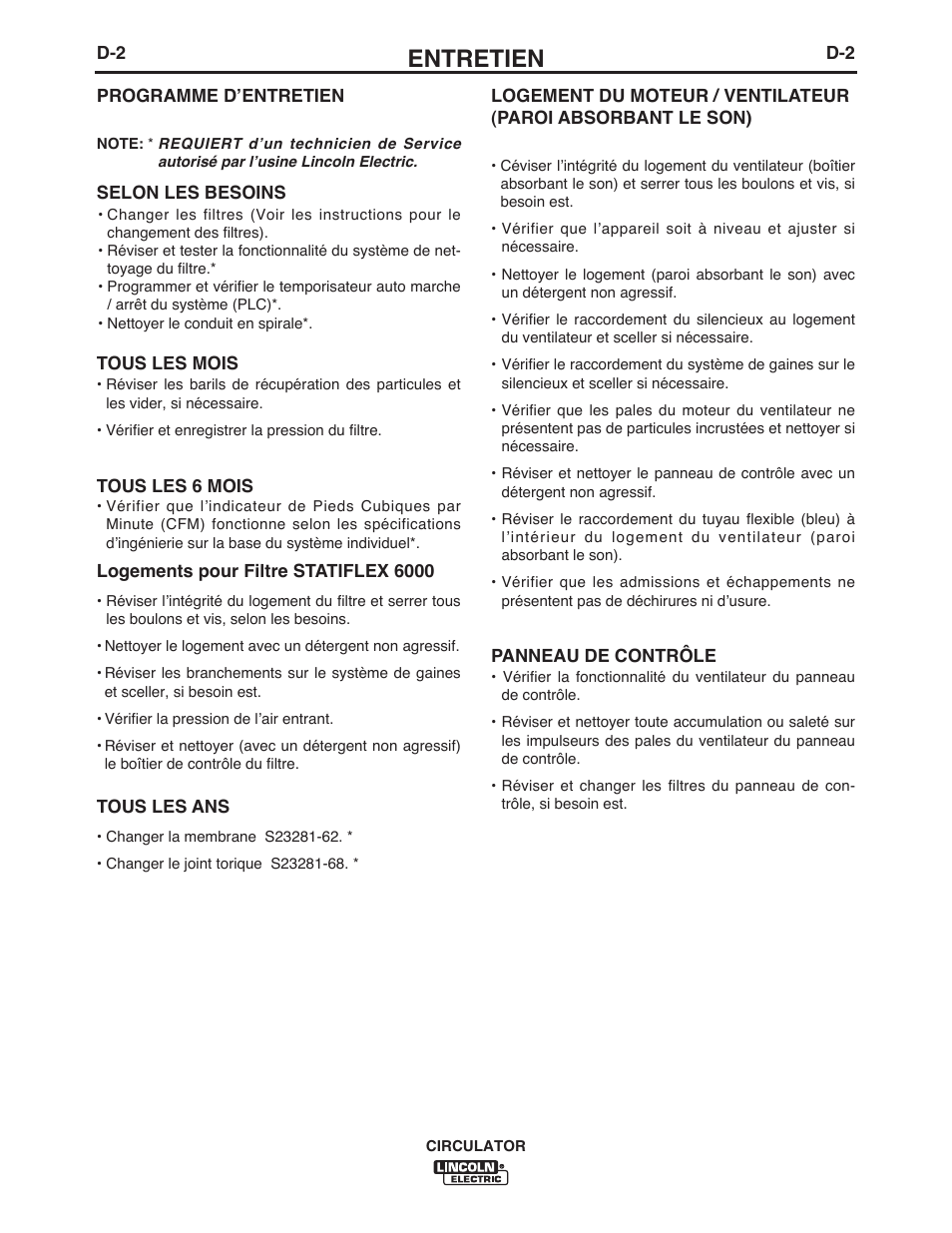 Entretien | Lincoln Electric IM10109 CIRCULATOR User Manual | Page 25 / 36