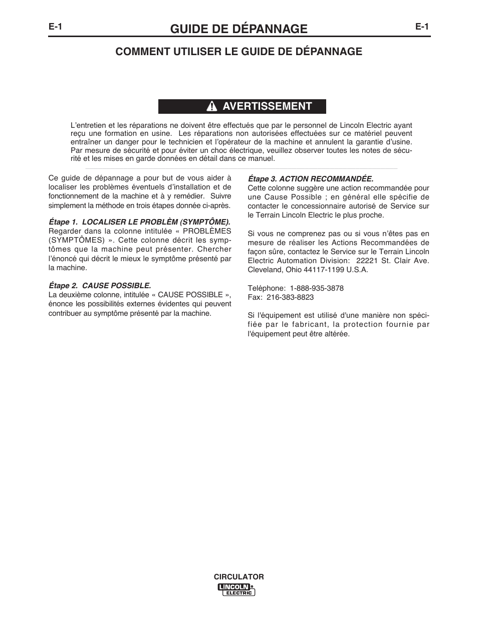 Guide de dépannage, Comment utiliser le guide de dépannage, Avertissement | Lincoln Electric IM10109 CIRCULATOR User Manual | Page 27 / 36