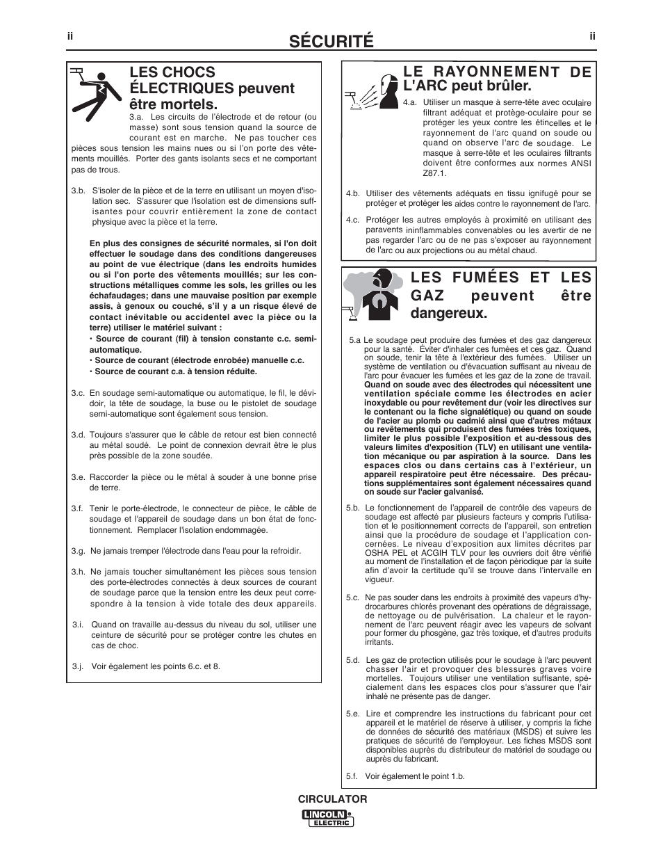 Sécurité, Le rayonnement de l'arc peut brûler, Les chocs électriques peuvent être mortels | Les fumées et les gaz peuvent être dangereux | Lincoln Electric IM10109 CIRCULATOR User Manual | Page 3 / 36